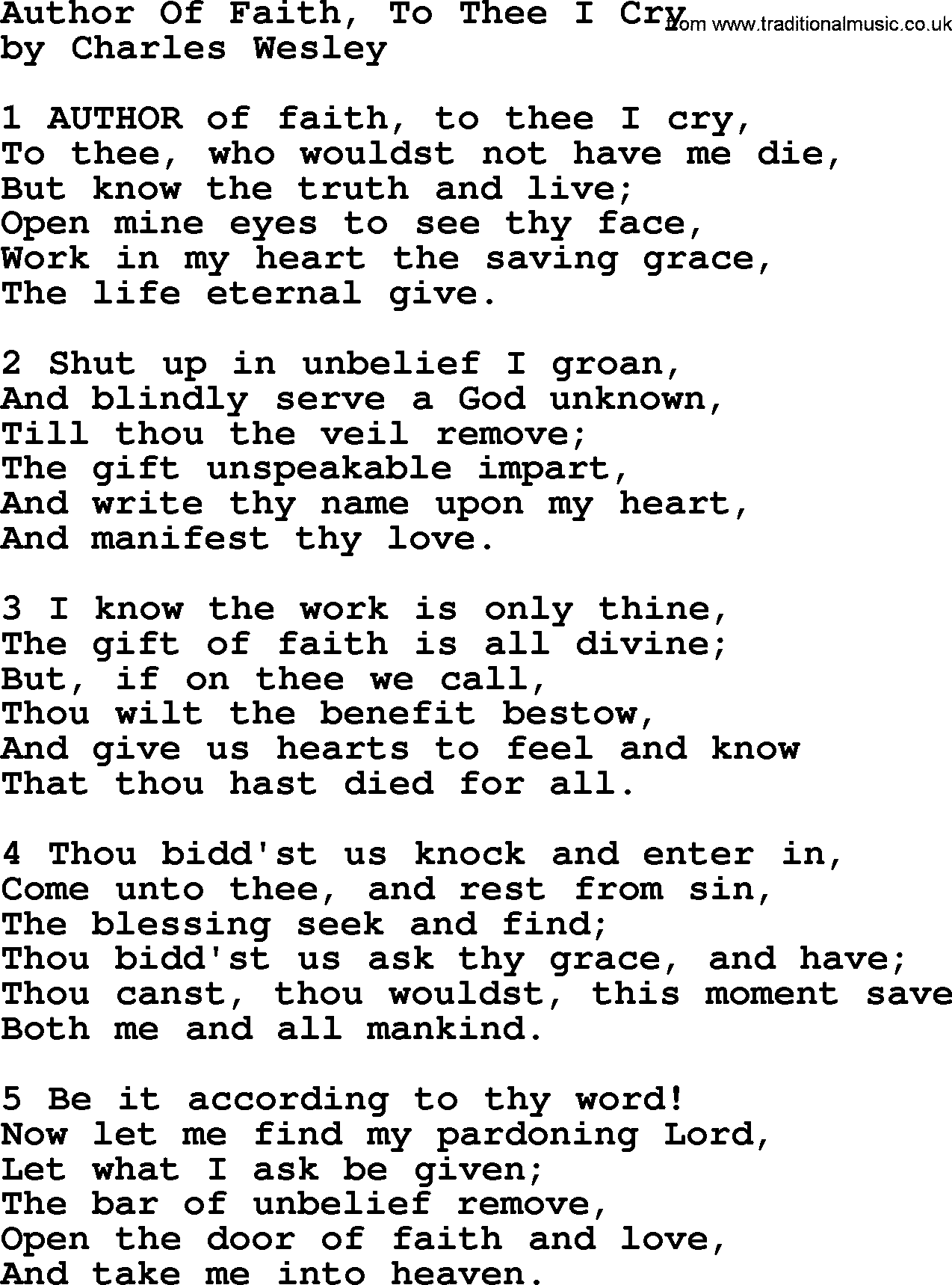 Charles Wesley hymn: Author Of Faith, To Thee I Cry, lyrics