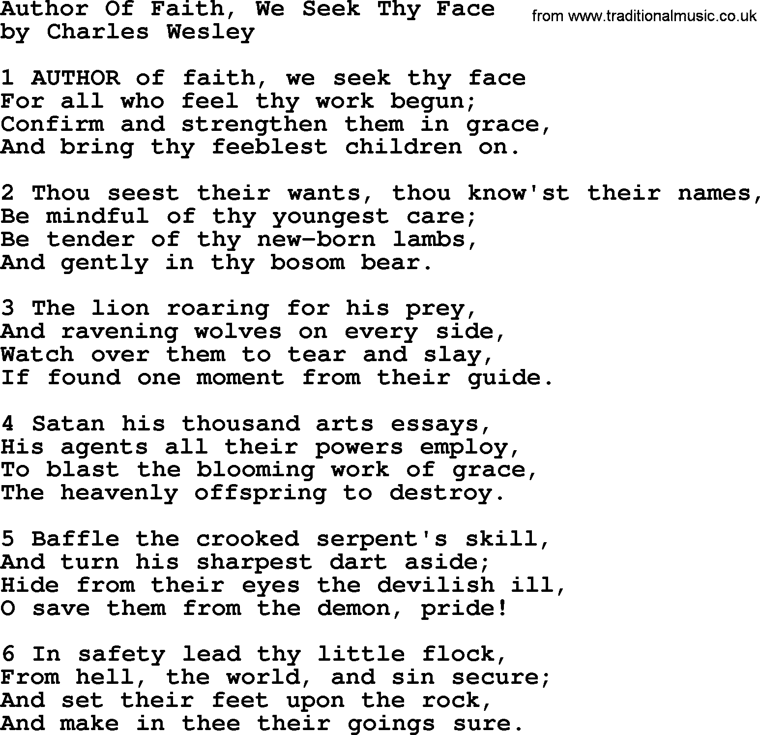 Charles Wesley hymn: Author Of Faith, We Seek Thy Face, lyrics