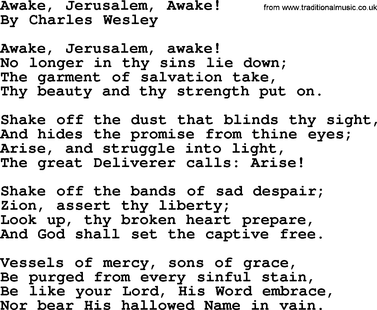 Charles Wesley hymn: Awake, Jerusalem, Awake!, lyrics