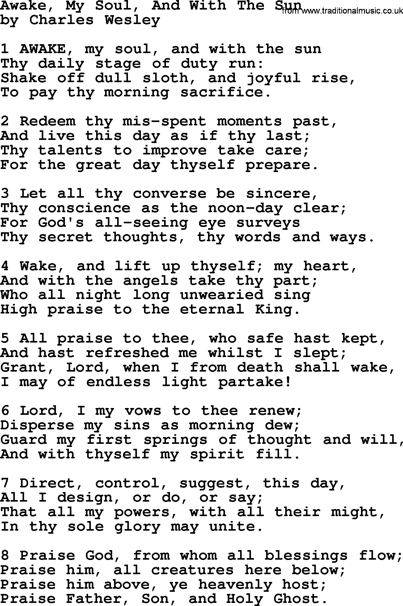 Charles Wesley hymn: Awake, My Soul, And With The Sun, lyrics