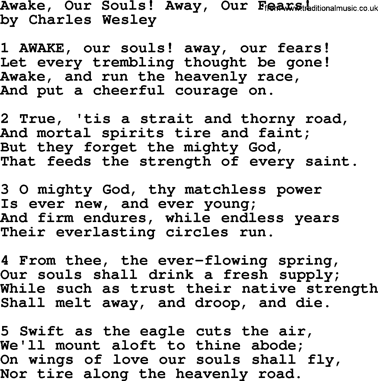 Charles Wesley hymn: Awake, Our Souls! Away, Our Fears!, lyrics