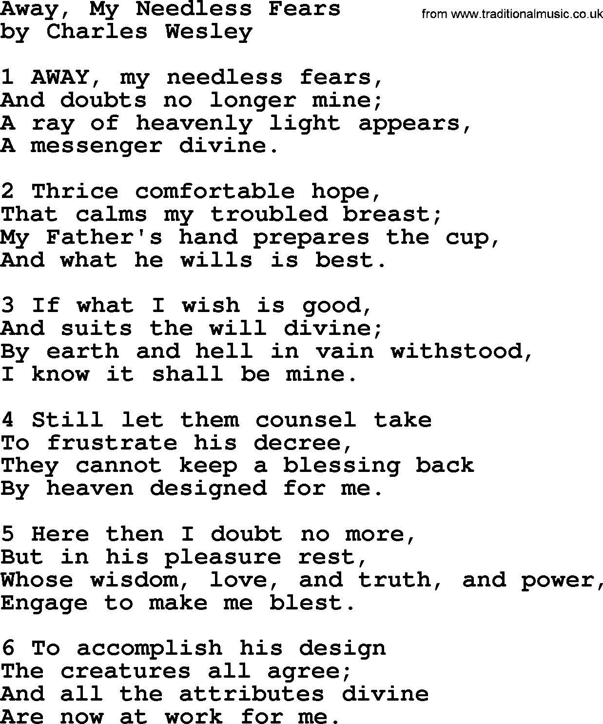 Charles Wesley hymn: Away, My Needless Fears, lyrics