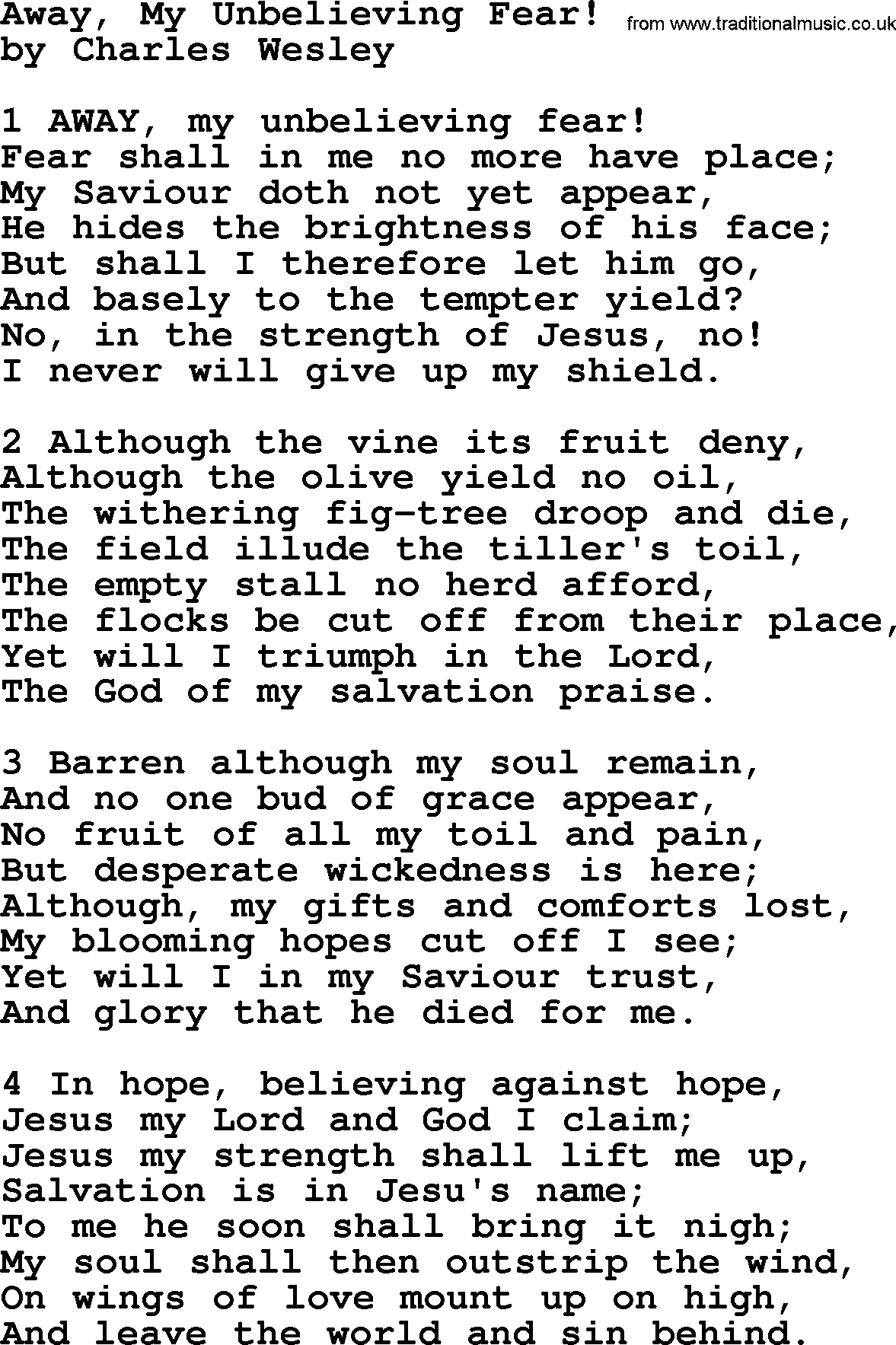 Charles Wesley hymn: Away, My Unbelieving Fear!, lyrics