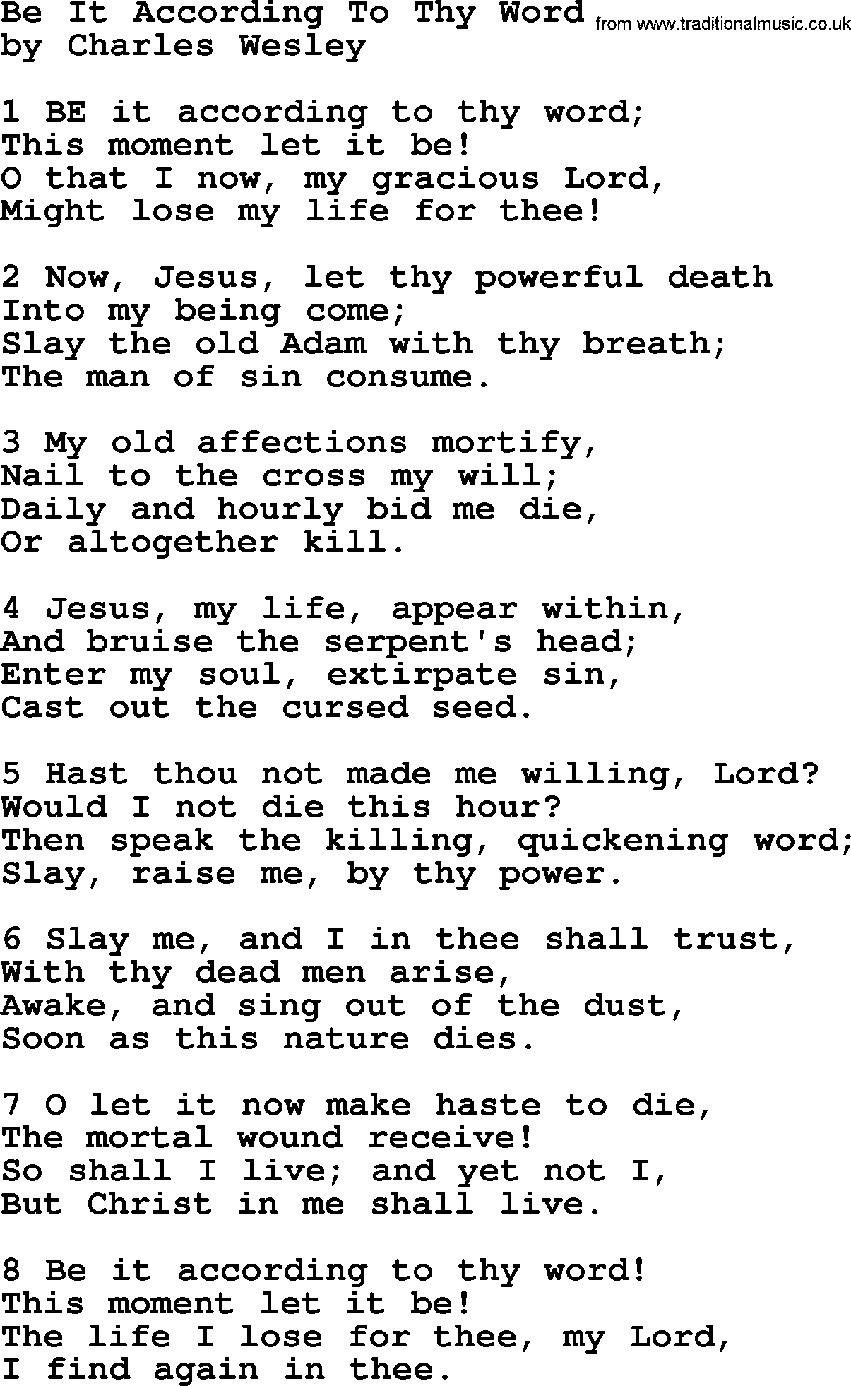 Charles Wesley hymn: Be It According To Thy Word, lyrics