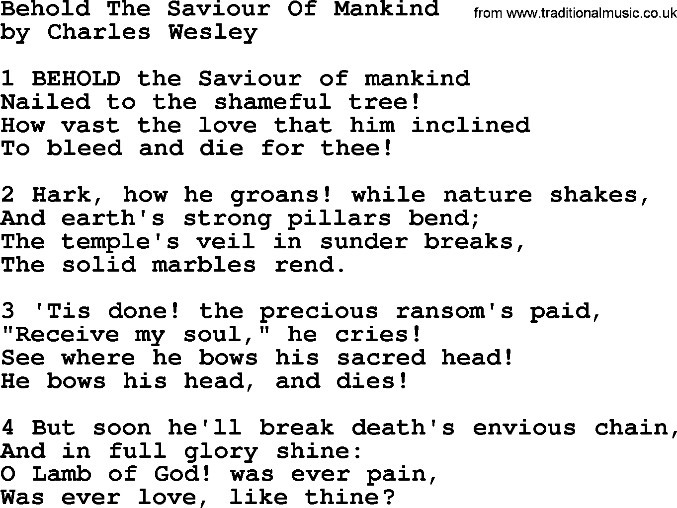 Charles Wesley hymn: Behold The Saviour Of Mankind, lyrics