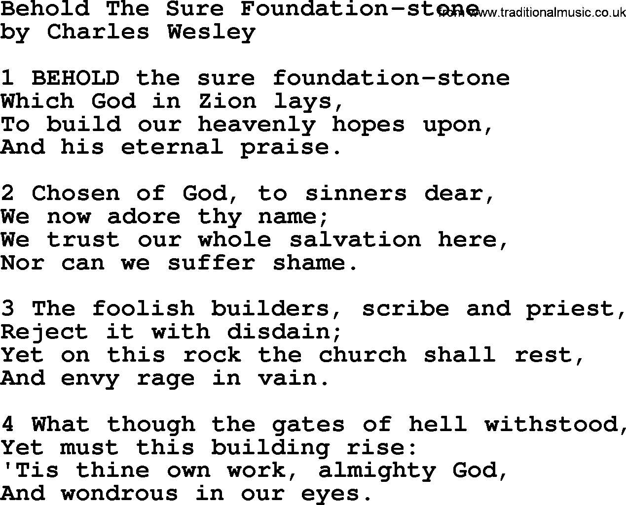 Charles Wesley hymn: Behold The Sure Foundation-stone, lyrics