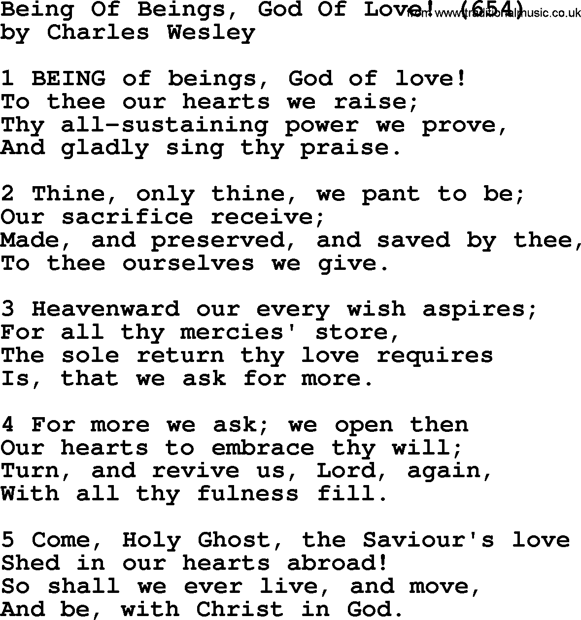 Charles Wesley hymn: Being Of Beings, God Of Love! (654), lyrics
