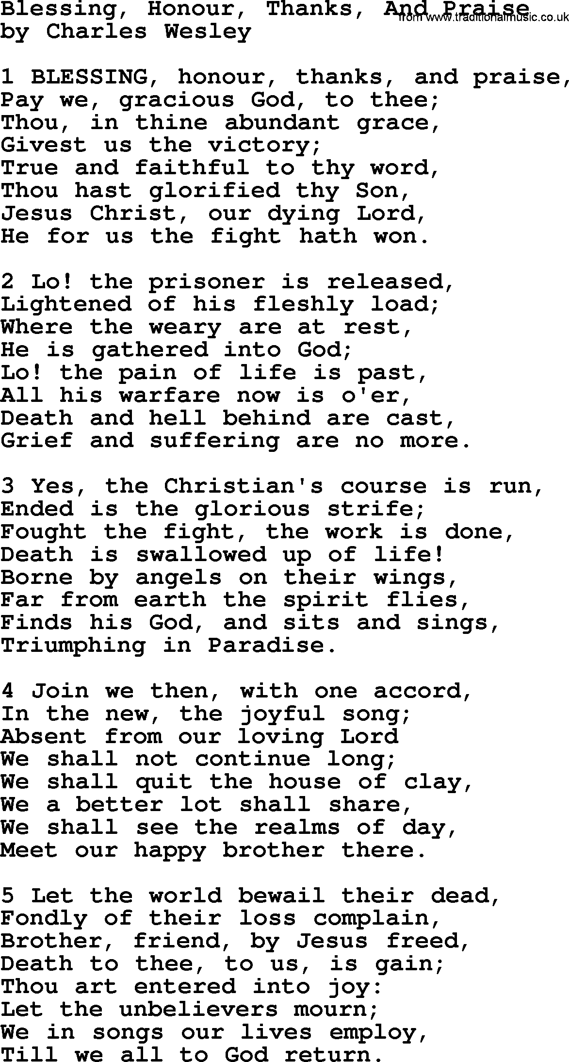 Charles Wesley hymn: Blessing, Honour, Thanks, And Praise, lyrics