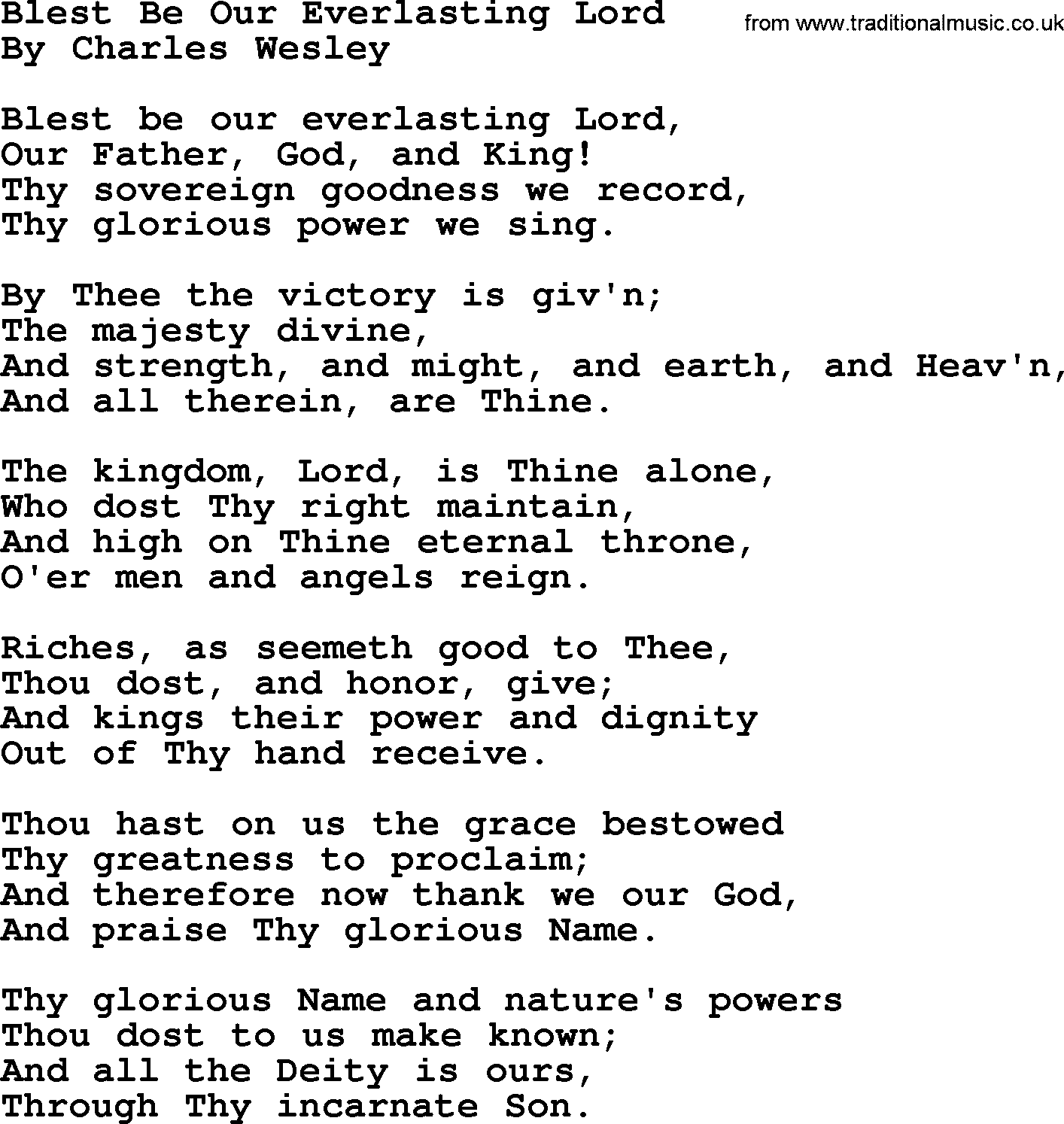 Charles Wesley hymn: Blest Be Our Everlasting Lord, lyrics