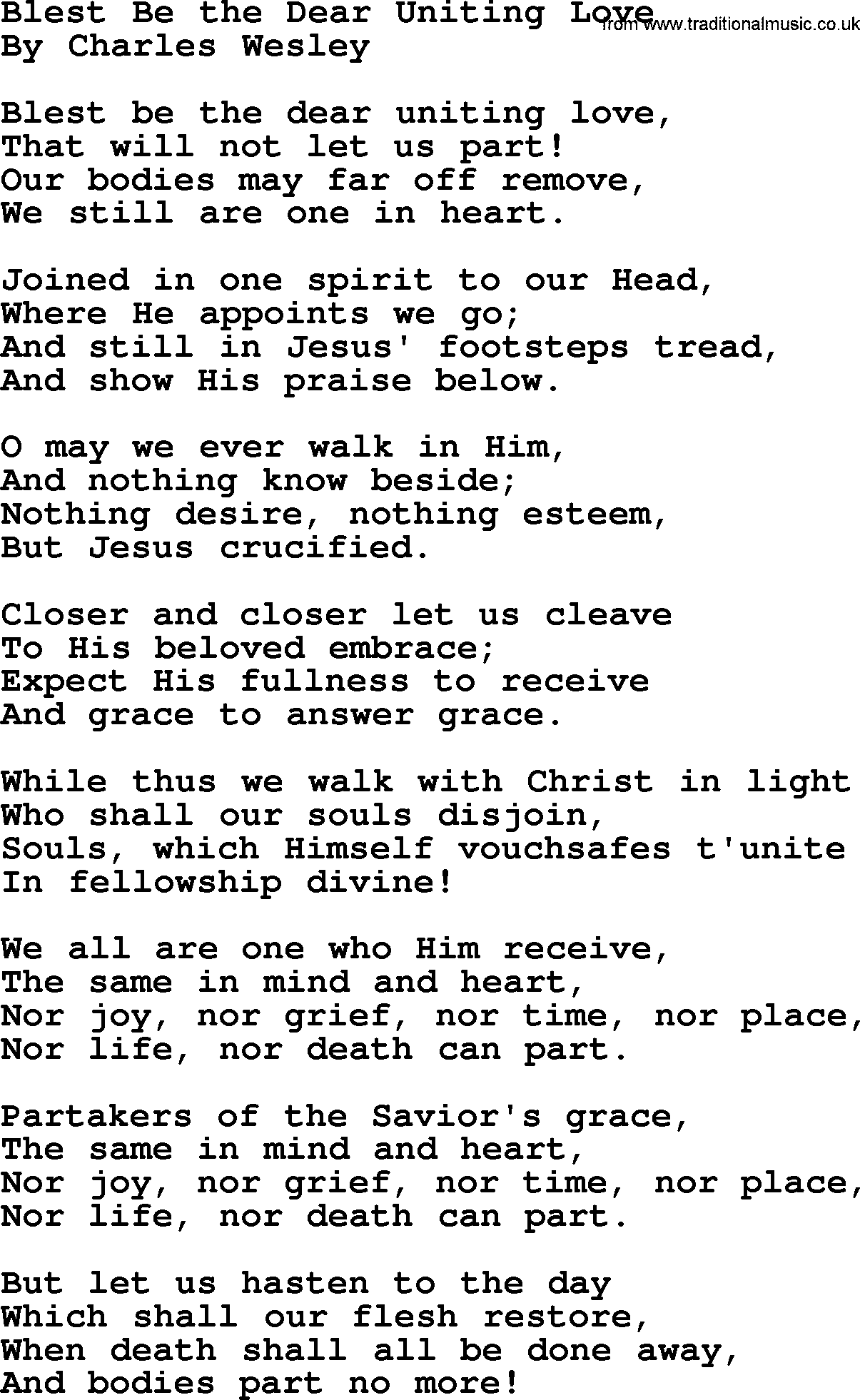 Charles Wesley hymn: Blest Be The Dear Uniting Love, lyrics