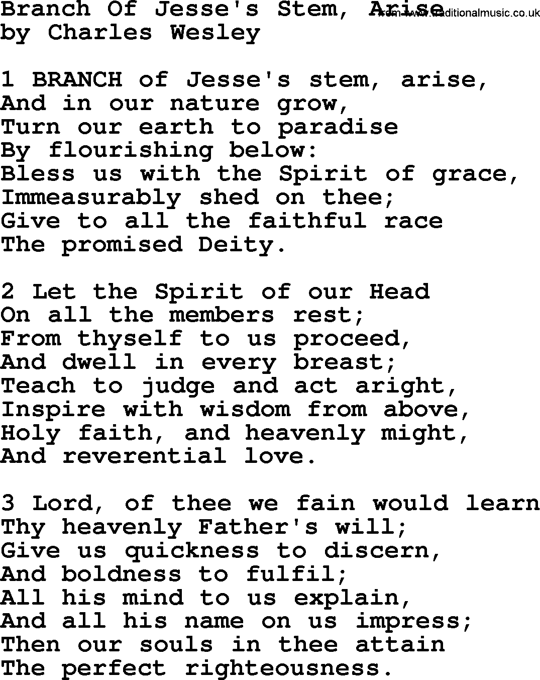 Charles Wesley hymn: Branch Of Jesse's Stem, Arise, lyrics