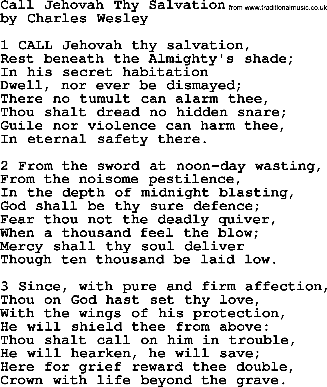 Charles Wesley hymn: Call Jehovah Thy Salvation, lyrics