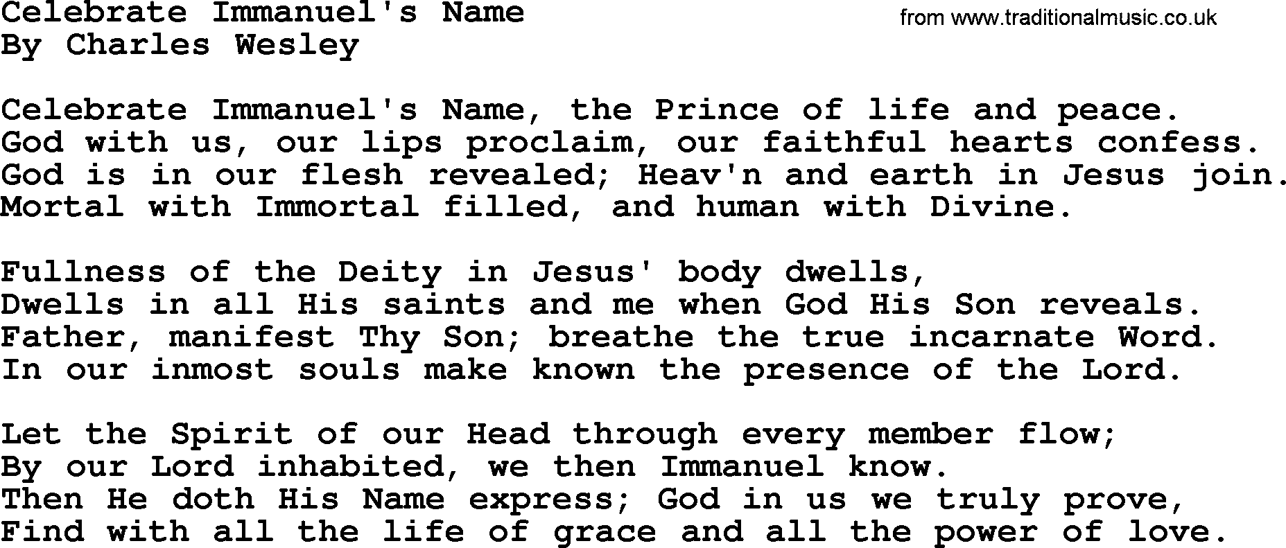 Charles Wesley hymn: Celebrate Immanuel's Name, lyrics
