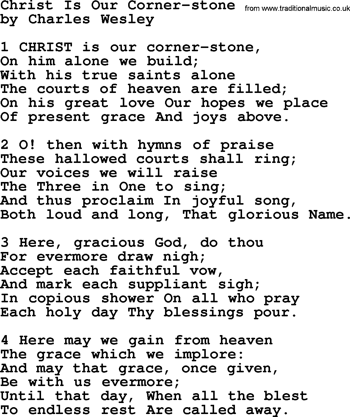 Charles Wesley hymn: Christ Is Our Corner-stone, lyrics