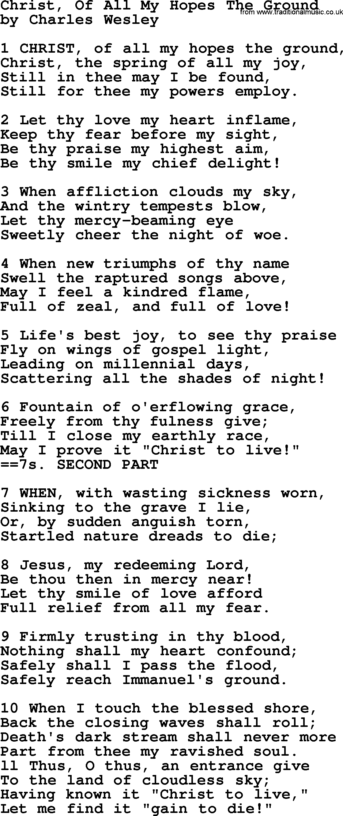 Charles Wesley hymn: Christ, Of All My Hopes The Ground, lyrics