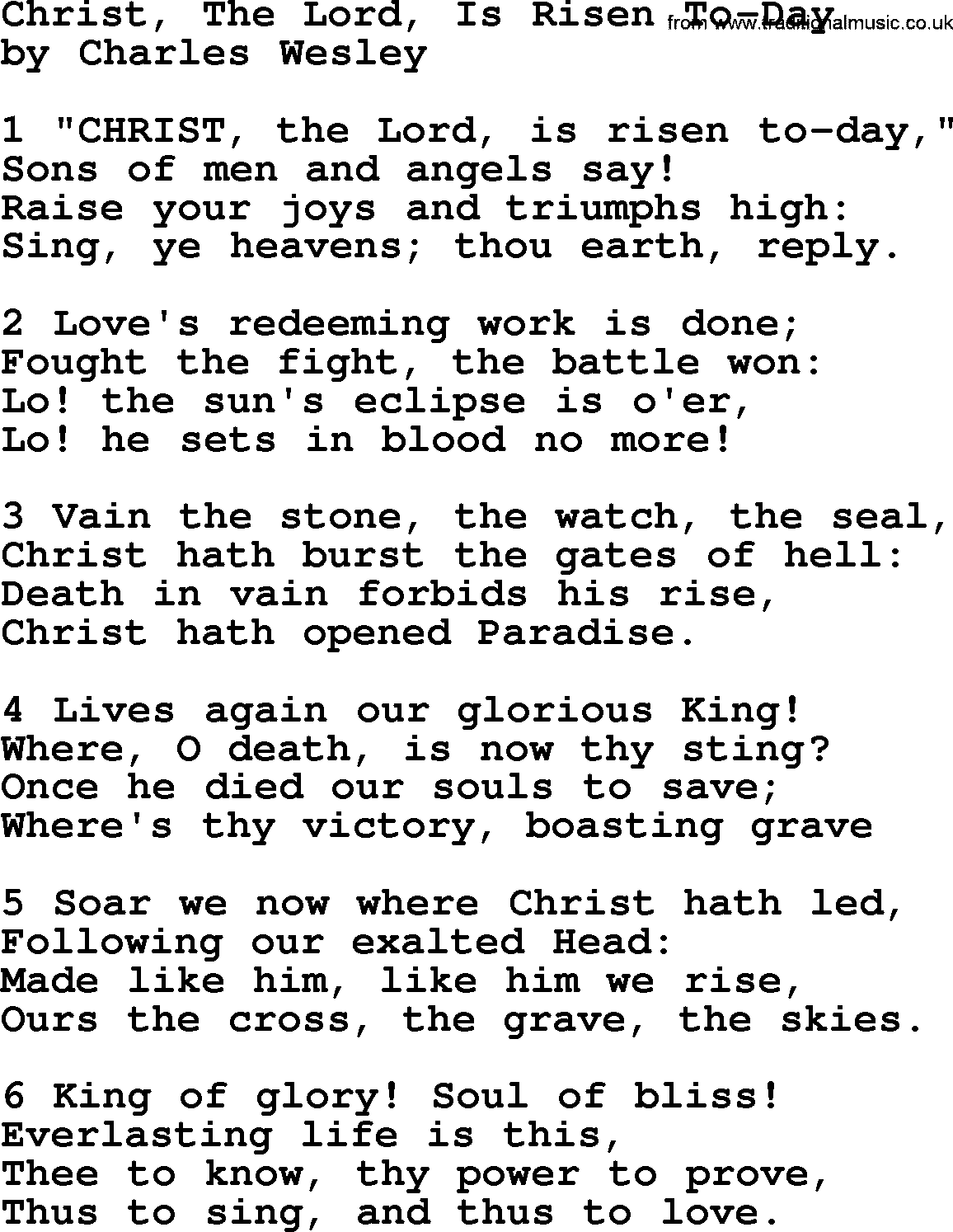 Charles Wesley hymn: Christ, The Lord, Is Risen To-Day, lyrics