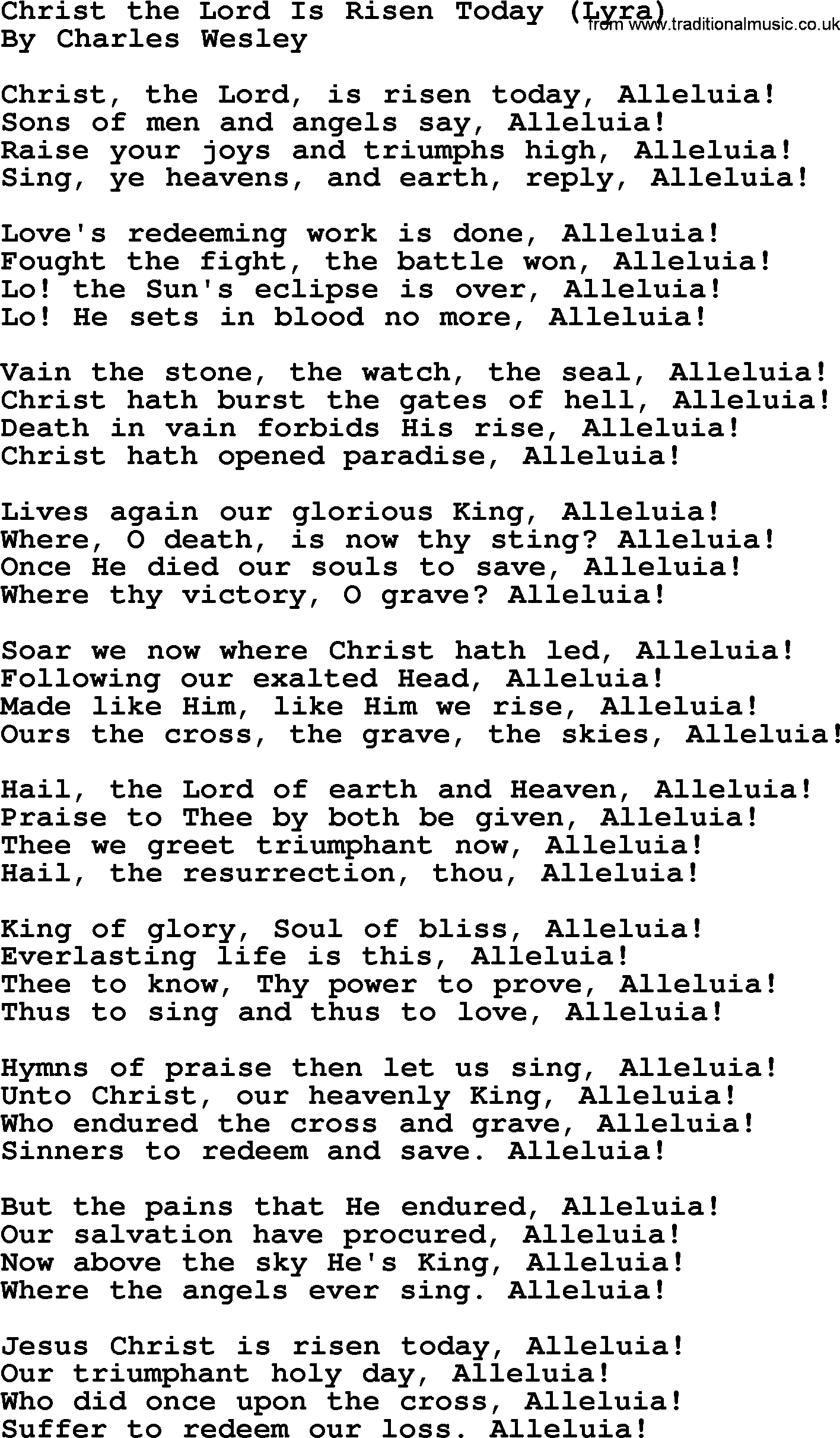 Charles Wesley hymn: Christ the Lord Is Risen Today (Lyra), lyrics