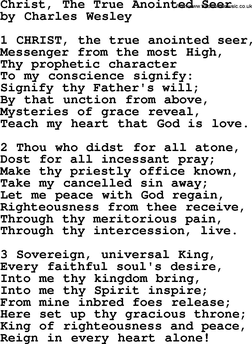 Charles Wesley hymn: Christ, The True Anointed Seer, lyrics