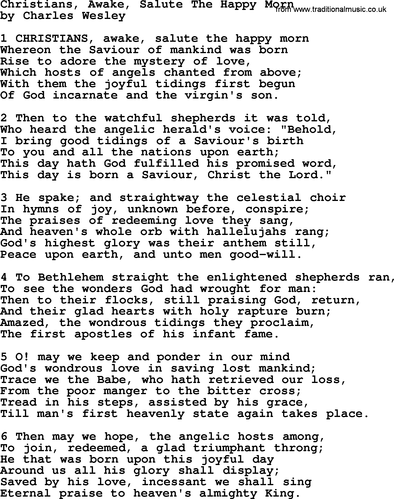 Charles Wesley hymn: Christians, Awake, Salute The Happy Morn, lyrics