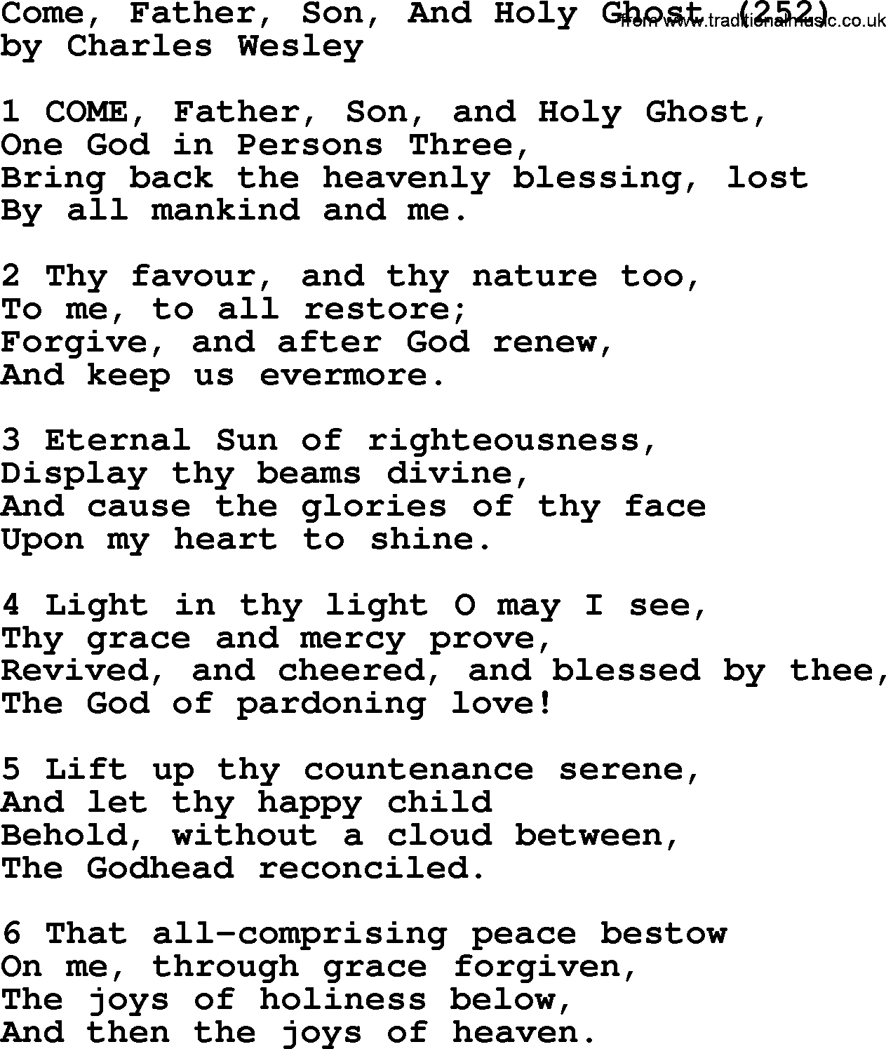 Charles Wesley hymn: Come, Father, Son, And Holy Ghost (252), lyrics