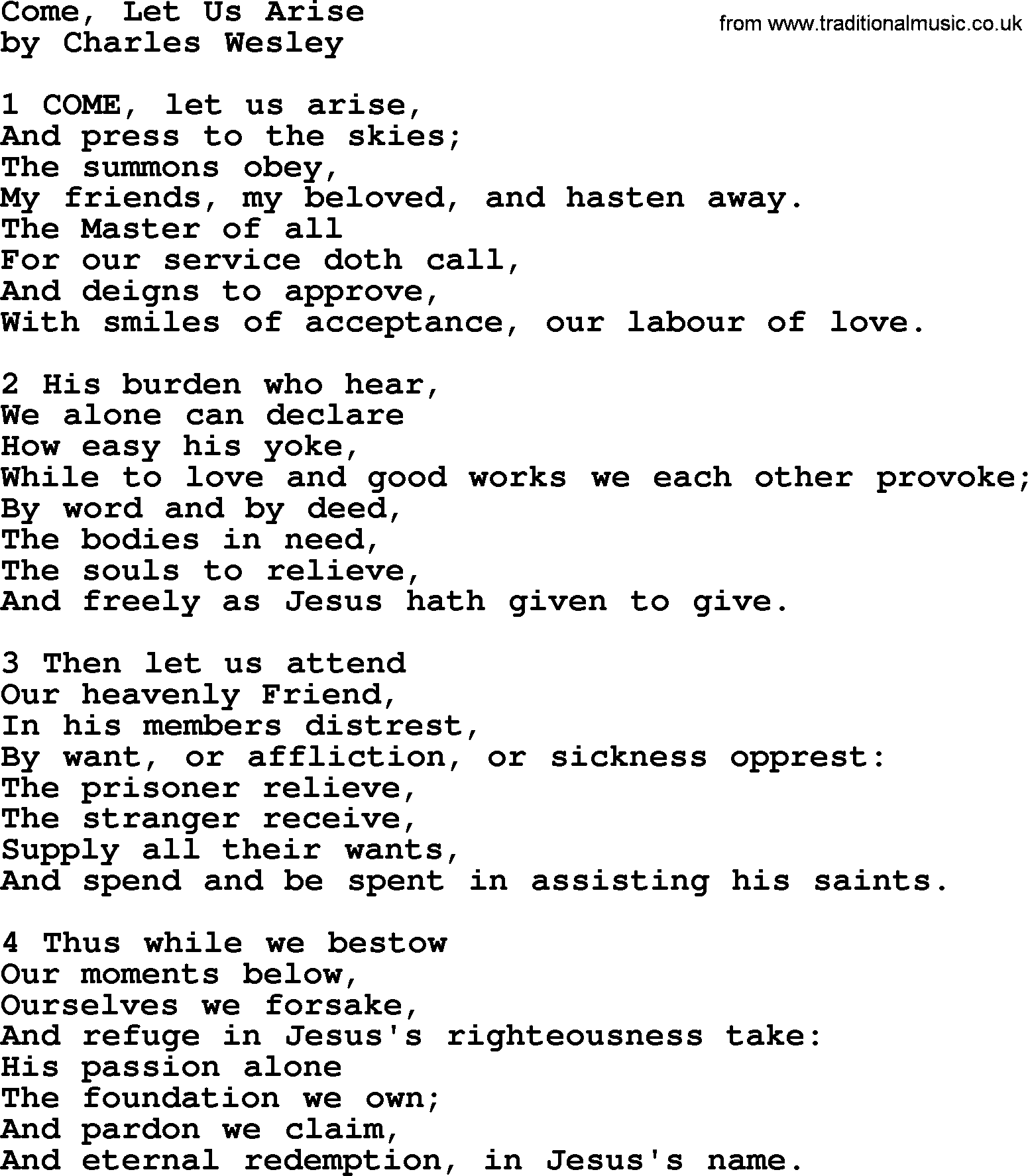 Charles Wesley hymn: Come, Let Us Arise, lyrics