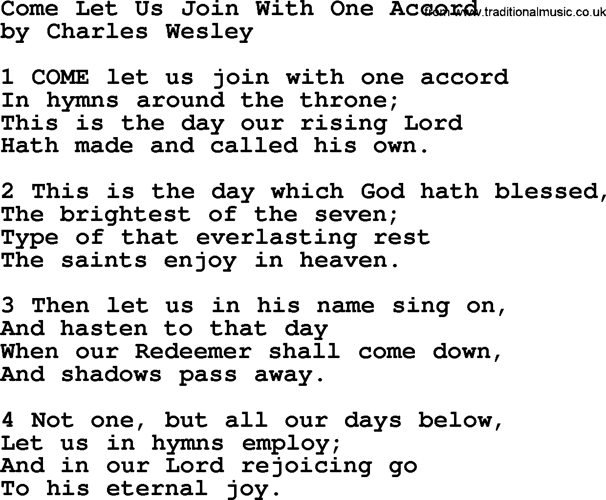 Charles Wesley hymn: Come Let Us Join With One Accord, lyrics