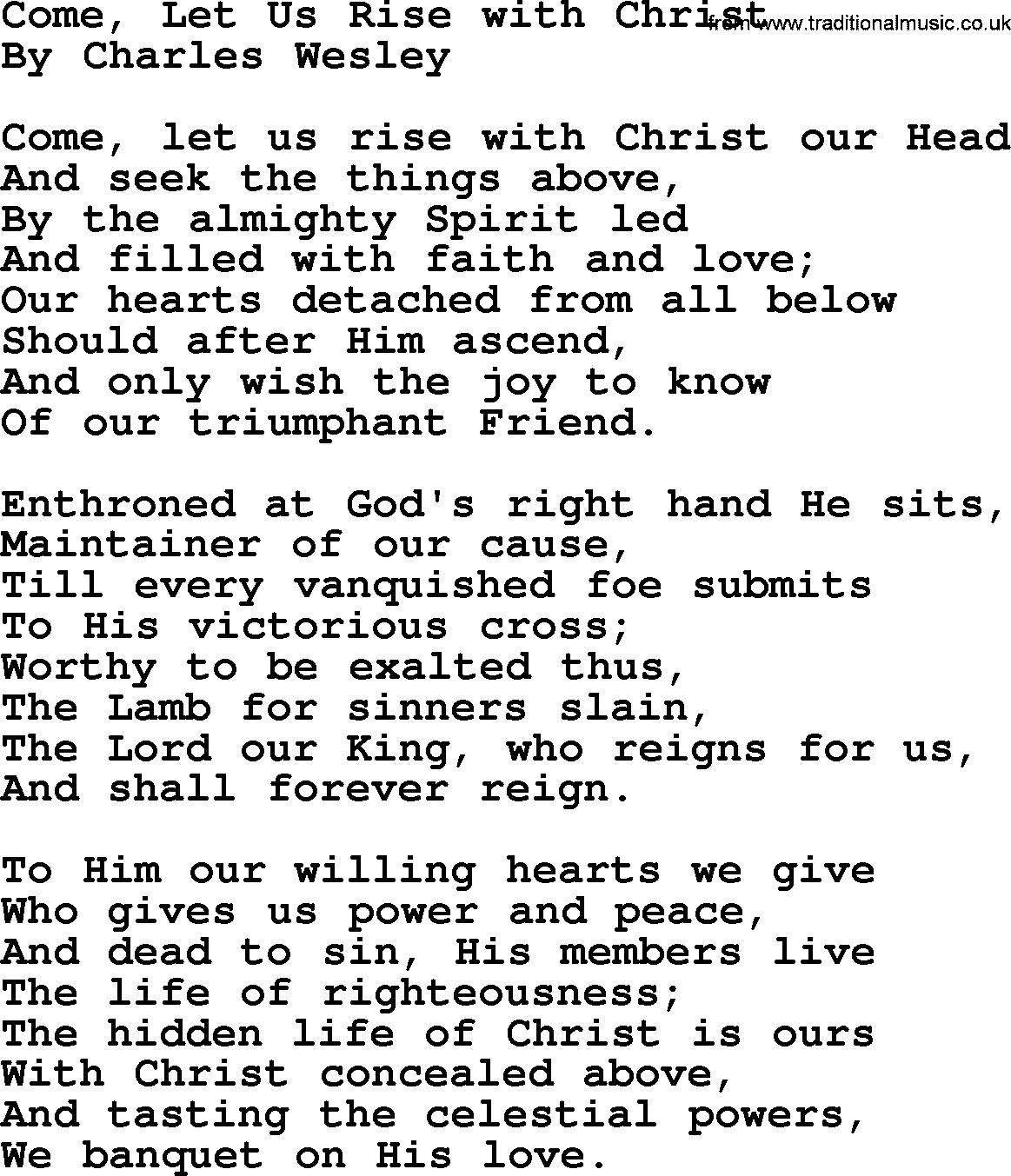 Charles Wesley hymn: Come, Let Us Rise with Christ, lyrics