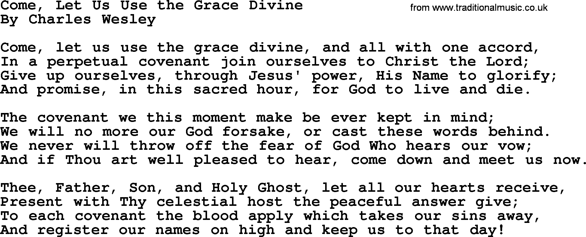 Charles Wesley hymn: Come, Let Us Use The Grace Divine, lyrics