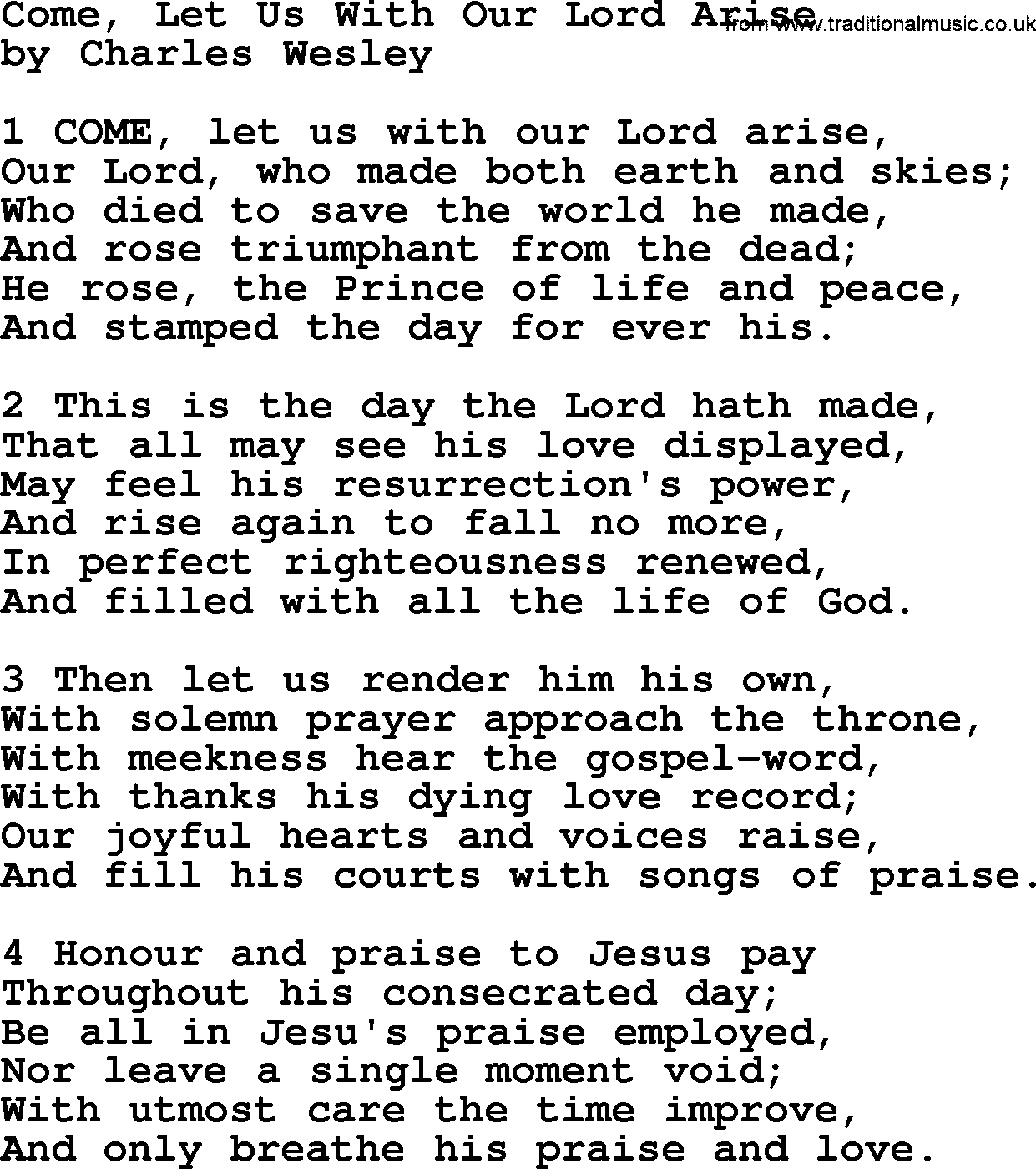 Charles Wesley hymn: Come, Let Us With Our Lord Arise, lyrics