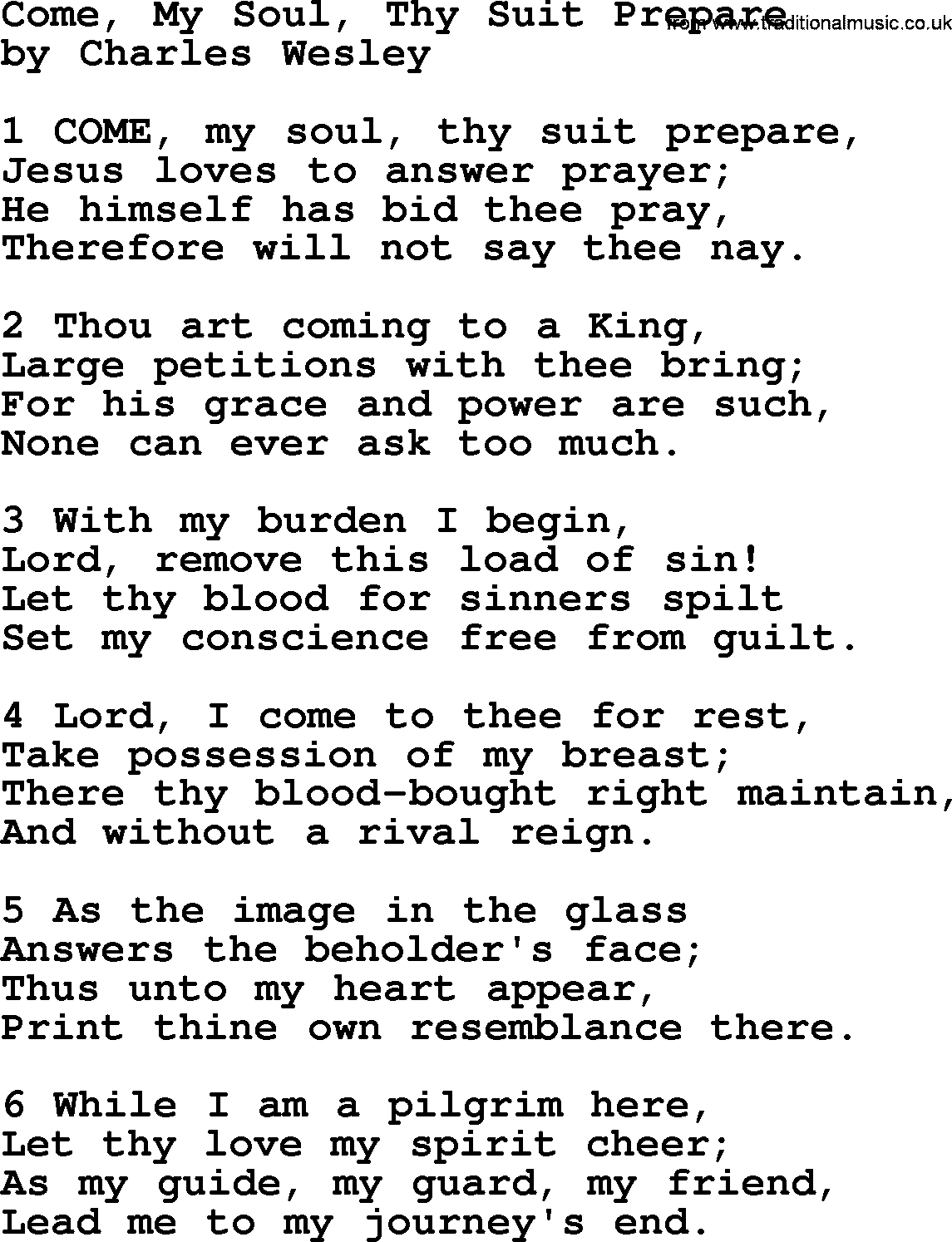 Charles Wesley hymn: Come, My Soul, Thy Suit Prepare, lyrics