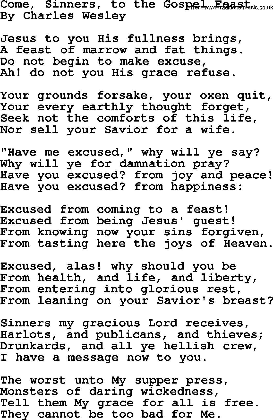 Charles Wesley hymn: Come, Sinners, To The Gospel Feast, lyrics