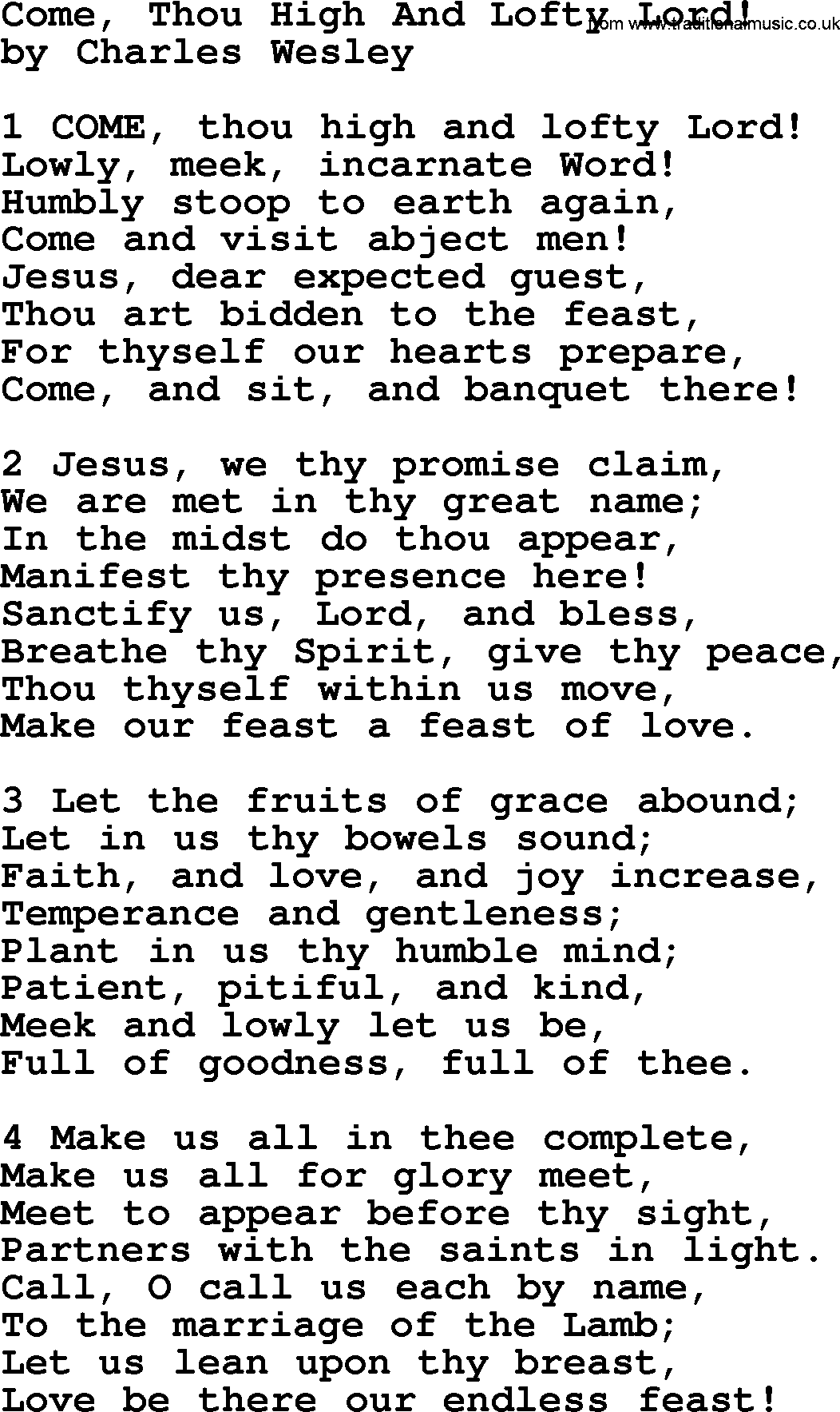 Charles Wesley hymn: Come, Thou High And Lofty Lord!, lyrics