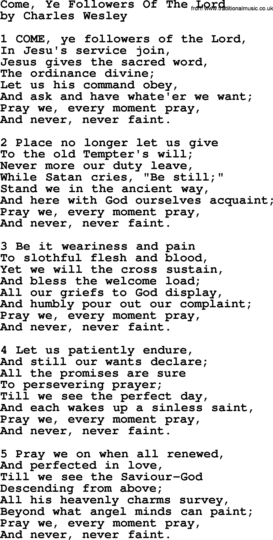 Charles Wesley hymn: Come, Ye Followers Of The Lord, lyrics