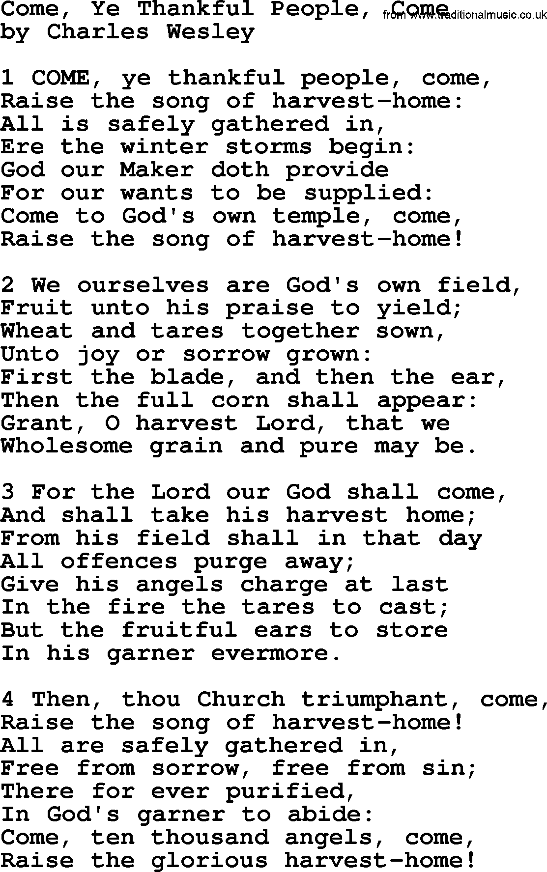Charles Wesley hymn: Come, Ye Thankful People, Come, lyrics