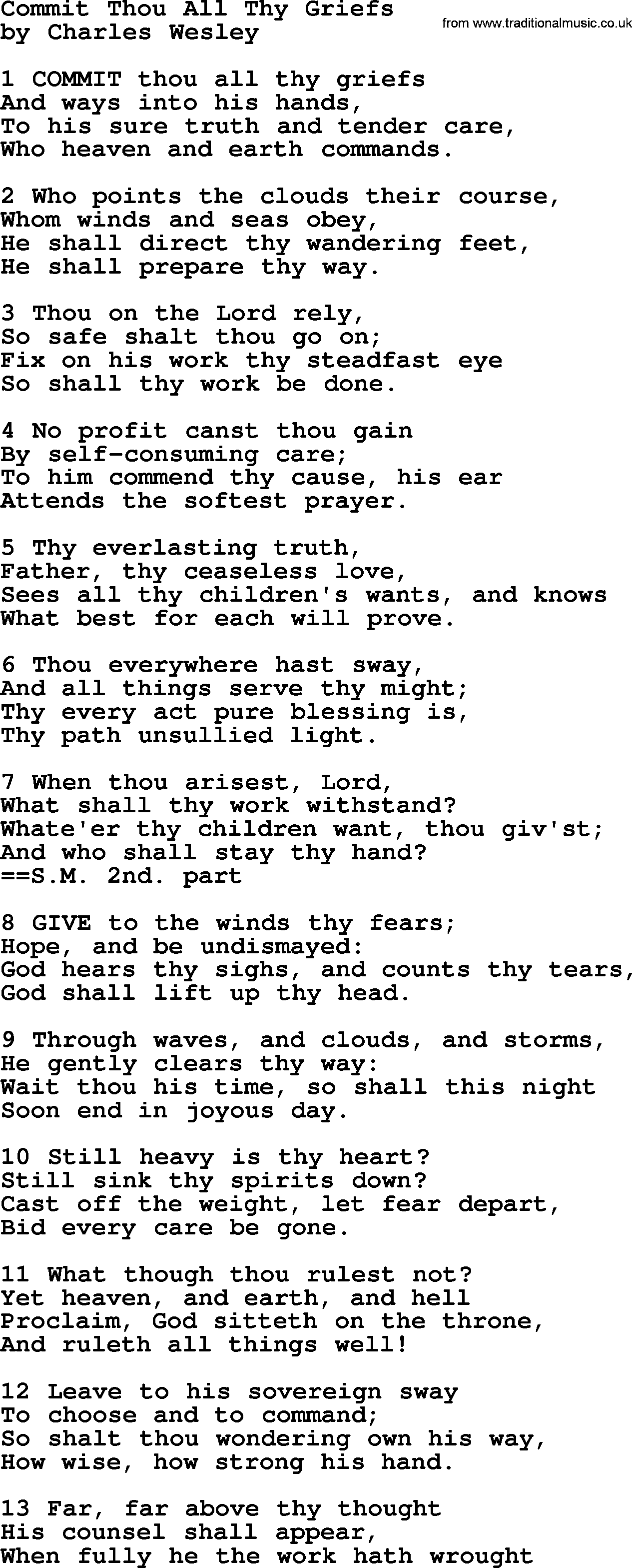 Charles Wesley hymn: Commit Thou All Thy Griefs, lyrics