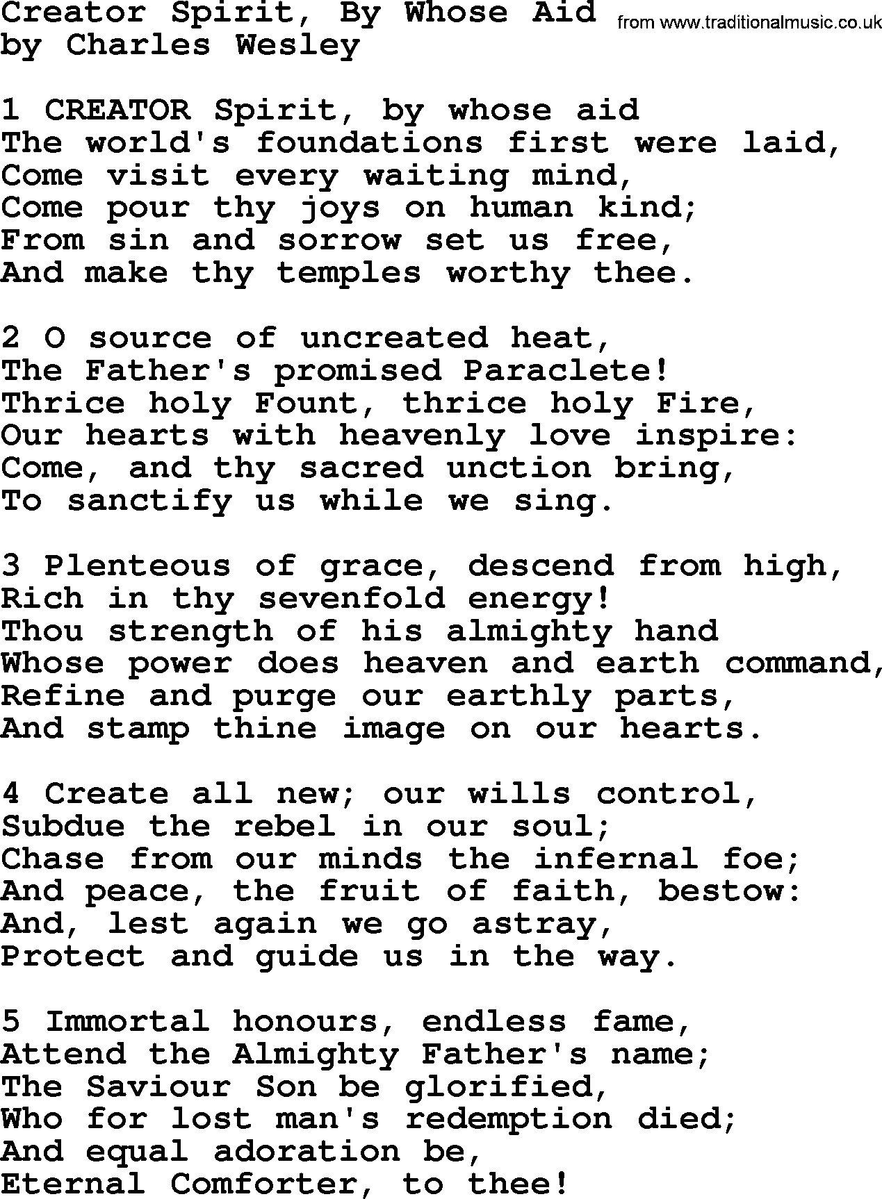 Charles Wesley hymn: Creator Spirit, By Whose Aid, lyrics