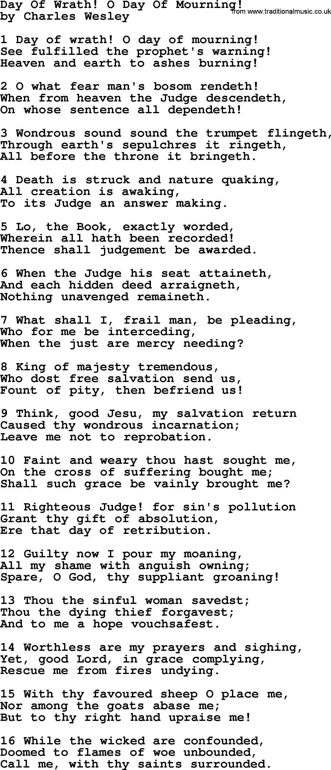 Charles Wesley hymn: Day Of Wrath! O Day Of Mourning!, lyrics