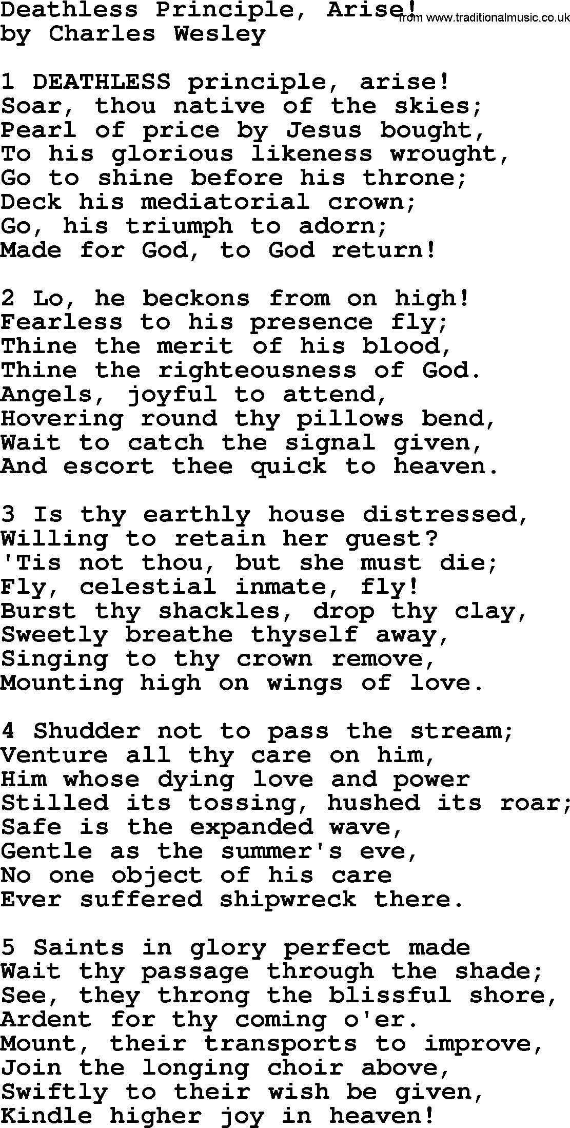 Charles Wesley hymn: Deathless Principle, Arise!, lyrics