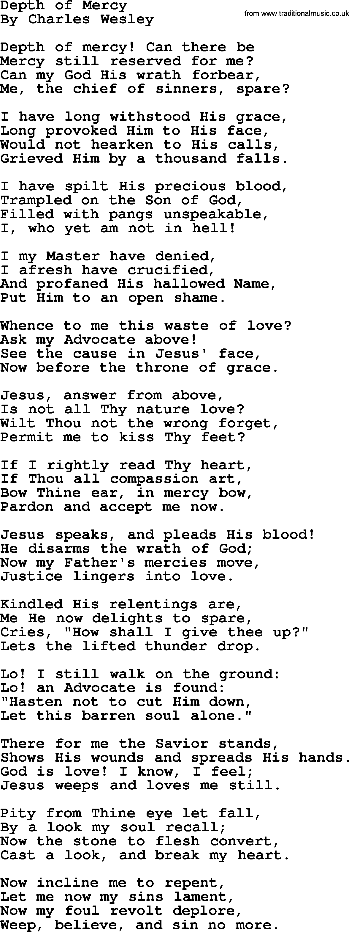 Charles Wesley hymn: Depth of Mercy, lyrics