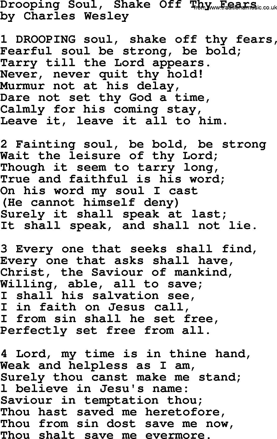 Charles Wesley hymn: Drooping Soul, Shake Off Thy Fears, lyrics