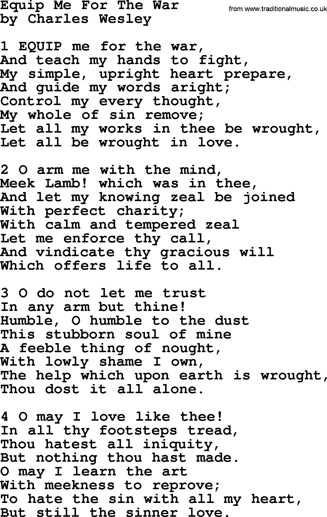 Charles Wesley hymn: Equip Me For The War, lyrics