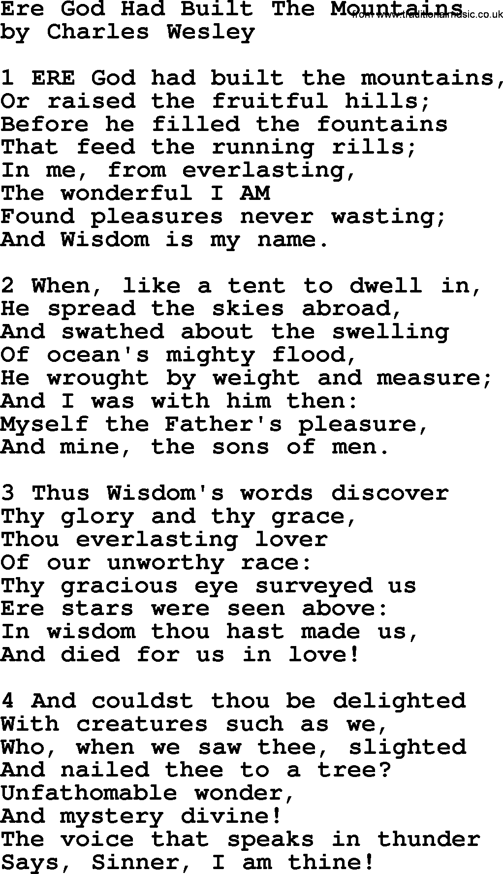 Charles Wesley hymn: Ere God Had Built The Mountains, lyrics
