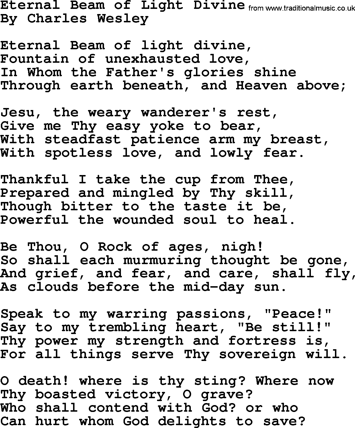 Charles Wesley hymn: Eternal Beam Of Light Divine, lyrics