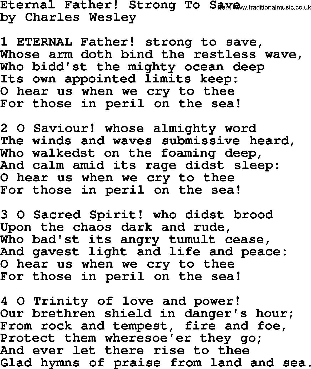 Charles Wesley hymn: Eternal Father! Strong To Save, lyrics