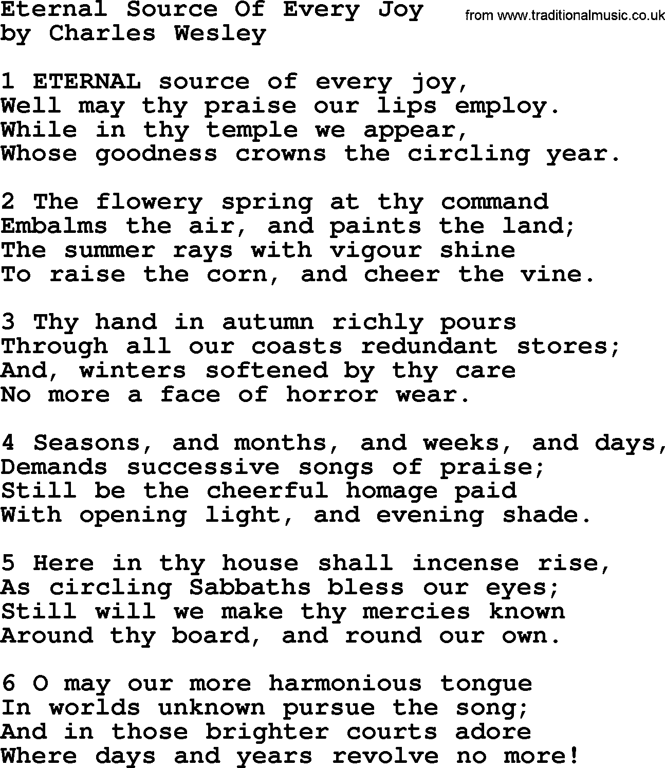 Charles Wesley hymn: Eternal Source Of Every Joy, lyrics