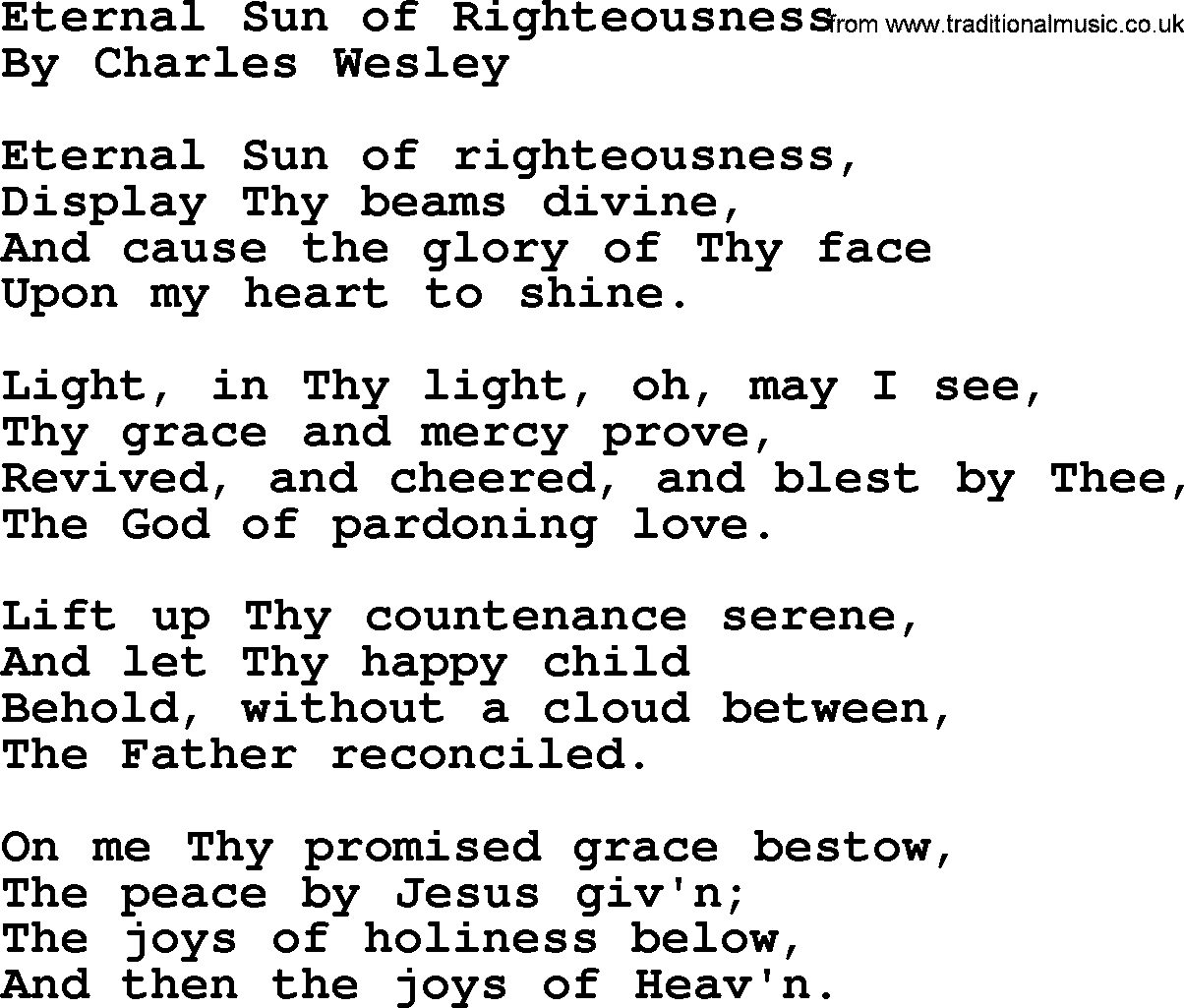 Charles Wesley hymn: Eternal Sun of Righteousness, lyrics