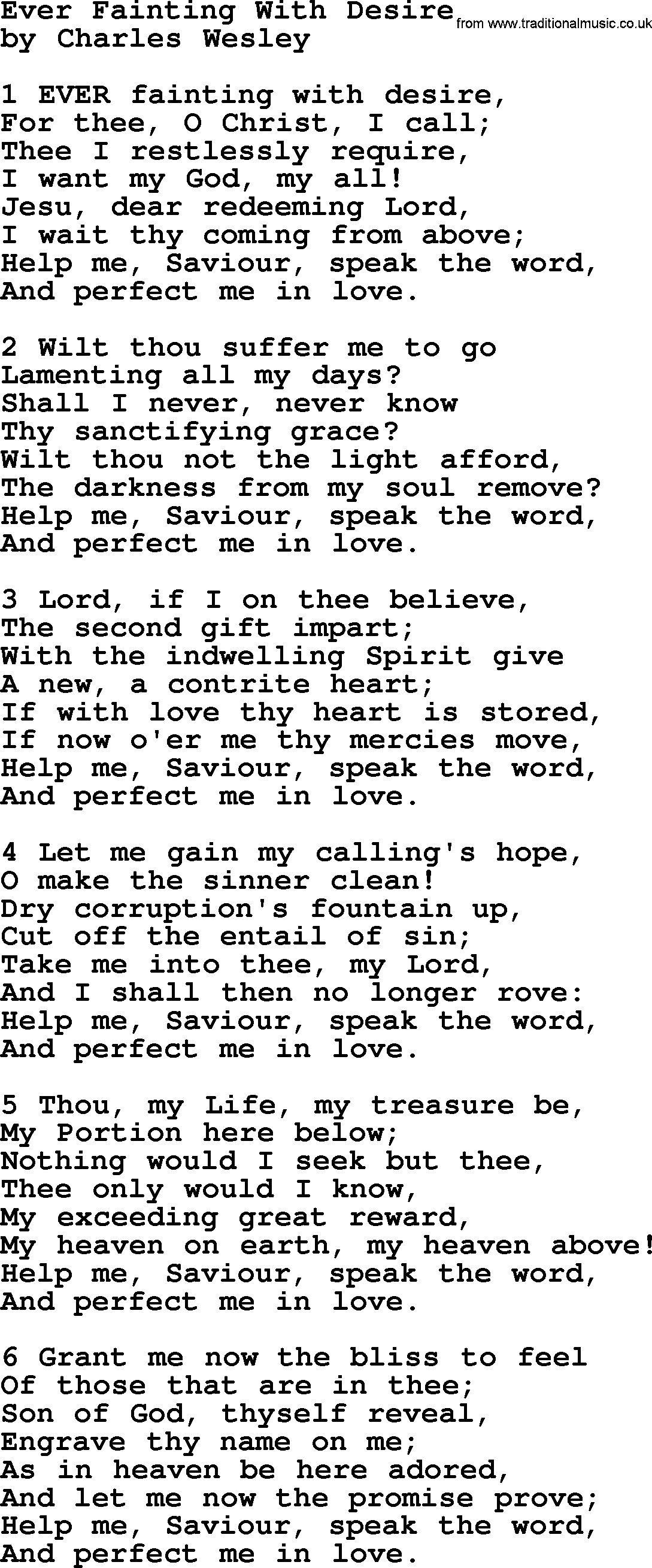 Charles Wesley hymn: Ever Fainting With Desire, lyrics
