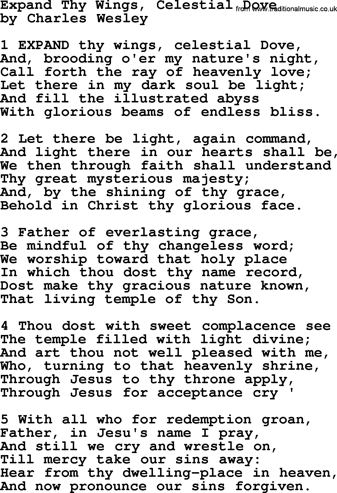 Charles Wesley hymn: Expand Thy Wings, Celestial Dove, lyrics