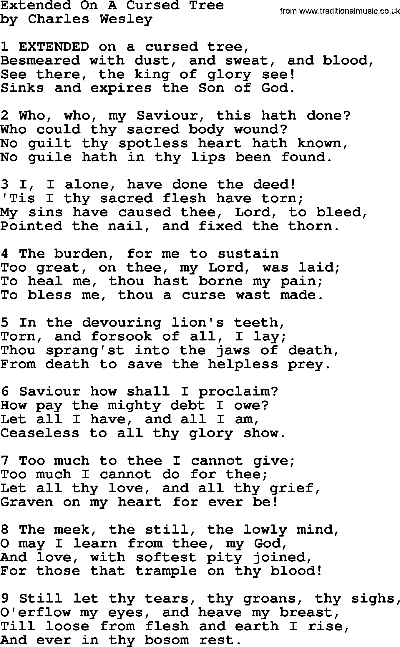 Charles Wesley hymn: Extended On A Cursed Tree, lyrics