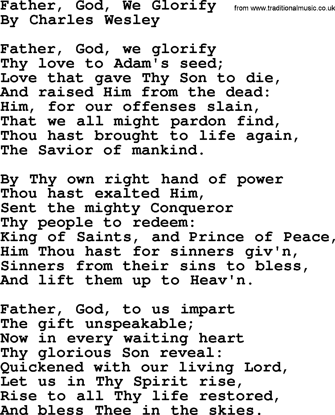 Charles Wesley hymn: Father, God, We Glorify, lyrics